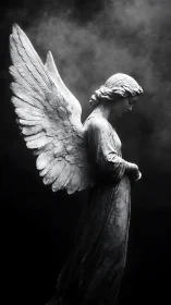 Side-profile view of winged stone angel statue in shadowed space.