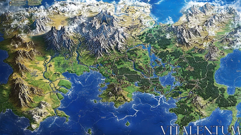 High-detail fantasy continental map with coasts, rivers, ranges.