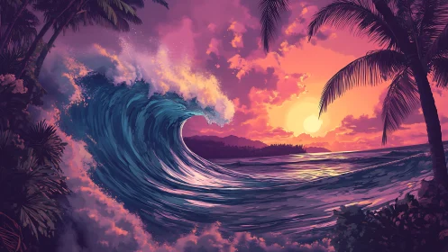 Sunset waves curl gently beneath glowing tropical skies