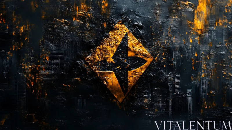 Textured yellow emblem with star shape dominates dark city