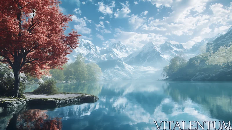 Glacial lake mirror reflects red maple and snow-covered peaks