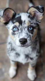 Blue-eyed speckled puppy locks gaze with quiet, curious delight