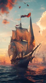 Lateen-rigged galleon cuts sunset-lit sea with volumetric clouds