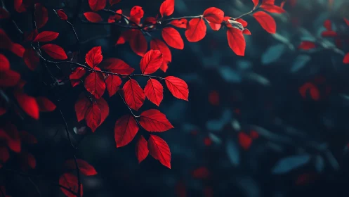 Red leaves on dark background in soft focused light.