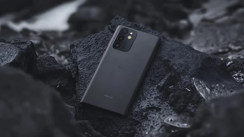 Black smartphone positioned on textured dark stone surface