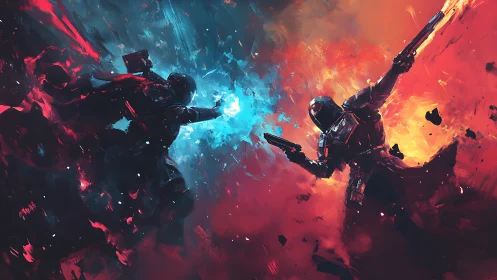 Armored warriors clash amid blue and orange cosmic firestorm.
