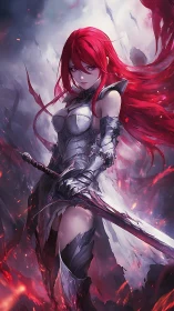 Armored red-haired swordswoman stands amid erupting crimson embers