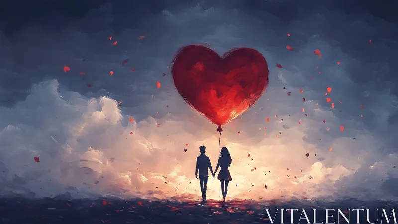 Two souls ascending with crimson heart balloon aflame