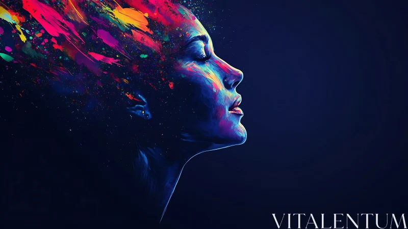 Profile portrait with neon paint bursts in deep space.