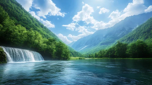 Verdant mountain valley river with cascading waterfall under sun.