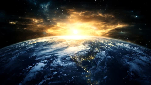 Earth horizon in space with illuminated atmosphere at dawn.