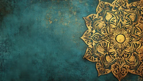 Gold mandala ornament on textured teal painted background.
