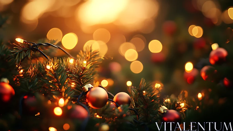Golden twilight on cozy Christmas tree lights and baubles.