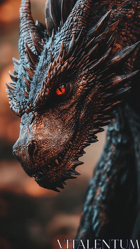 Fiery-eyed dragon gazes forward with fierce, quiet power
