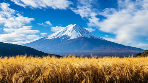 Snow-crowned Fuji rises beyond sunlit golden barley fields.