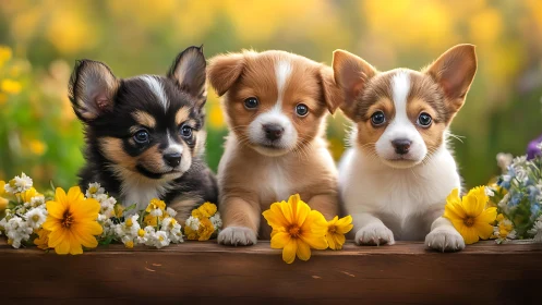 Three corgi puppies rest on wooden ledge among yellow flowers