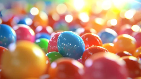 Colorful 3D spheres with bokeh lights and depth.