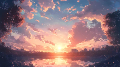 Sunset sky ignites urban lake horizon with mirrored light.