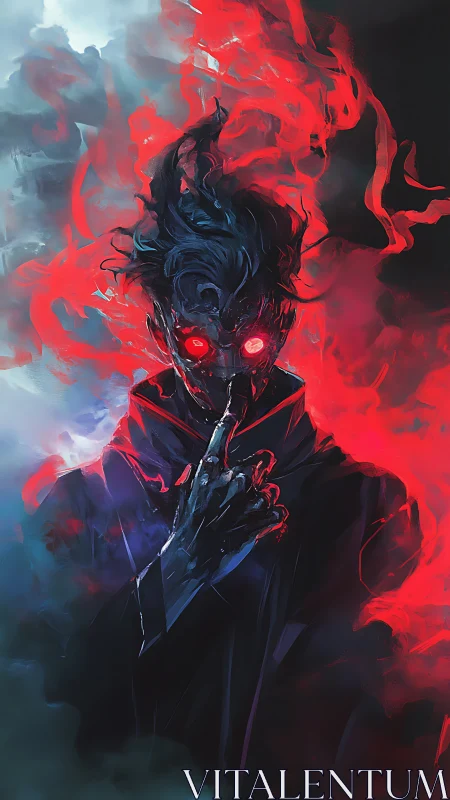 Masked humanoid figure with red energy and raised finger.