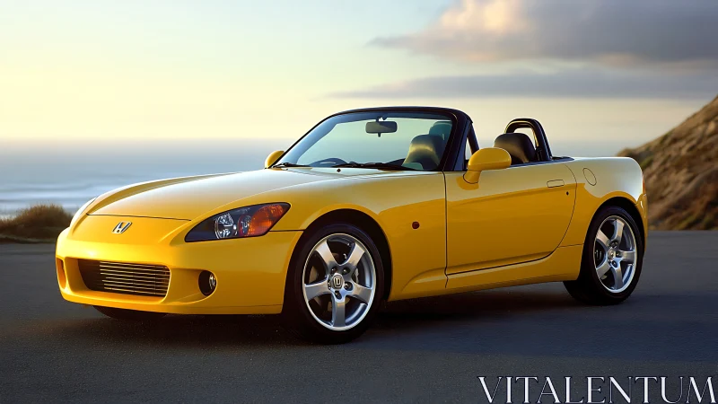 Yellow roadster coupe at coastal overlook during sunset.