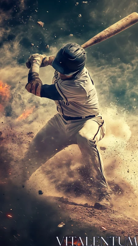 Baseball batter swings through exploding dust and sparks