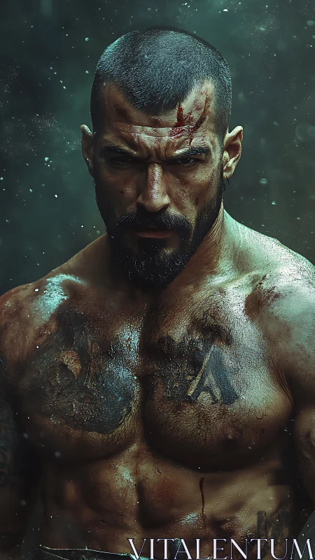 Battle-worn warrior standing strong in the storm light.