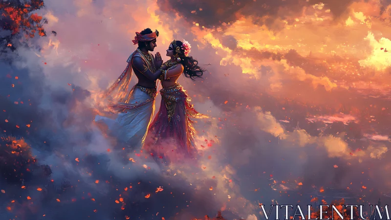Divine Romance Amidst Celestial Fire and Clouds.