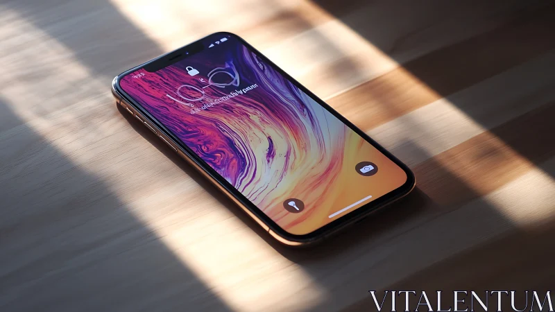 Smartphone on wooden surface with screen locked in daylight.