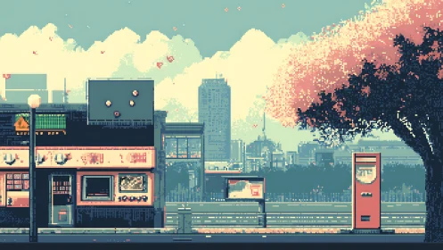 Pixel art urban streetscape with vending machines and sakura tree