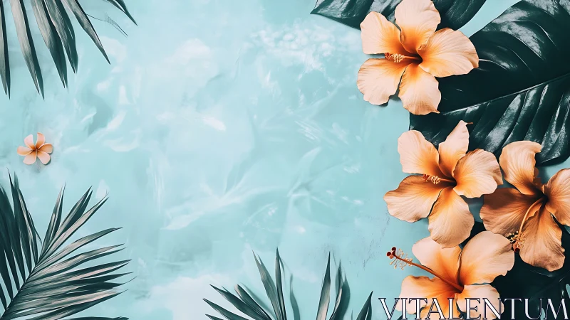 Tropical Hibiscus Blooms with Palm Fronds Against Turquoise Textured Wall