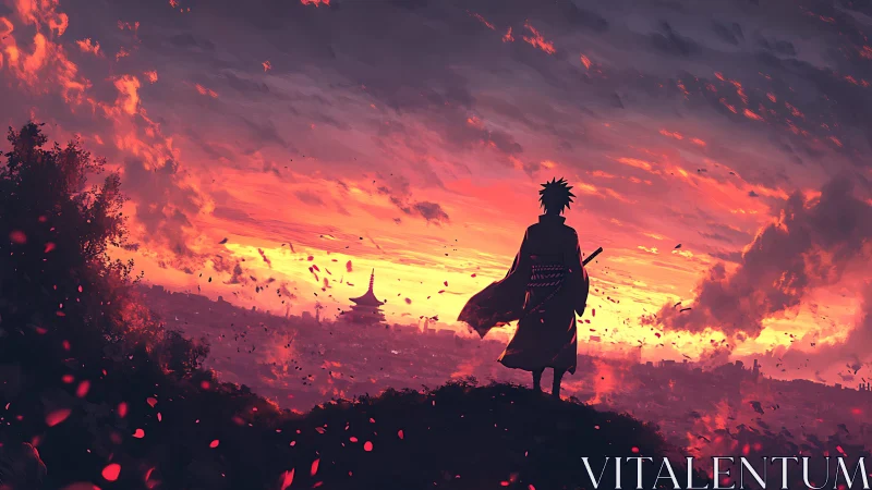 Samurai silhouette above burning city at vivid sunset.