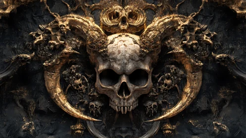 Golden horned skull altar glowing with dark mystic energy.