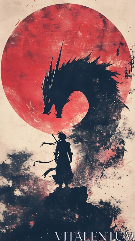 Samurai silhouette confronts dragon under blood-red moon