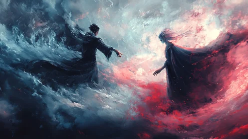 Two mystical figures reaching across swirling stormlight.