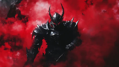 Digital painting of dark armored warlord in crimson fog.