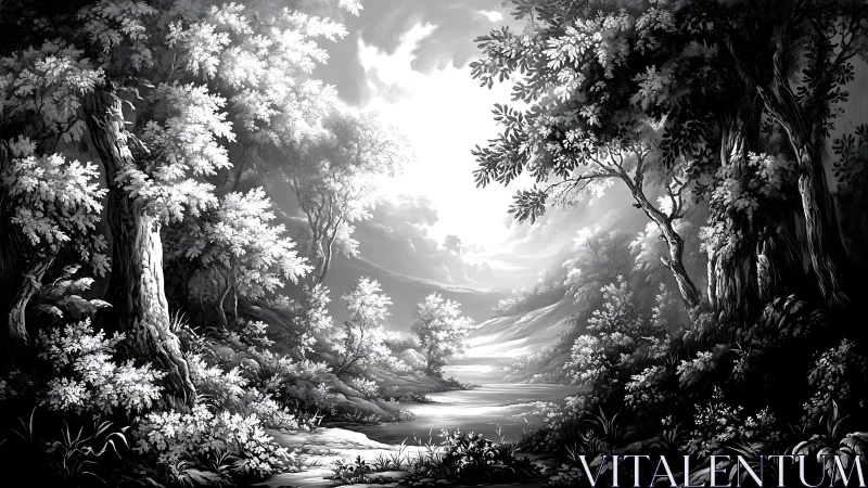 Monochrome forest valley frames luminous distant horizon.