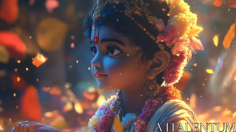 Gentle blue child in garlands of light and drifting petals.