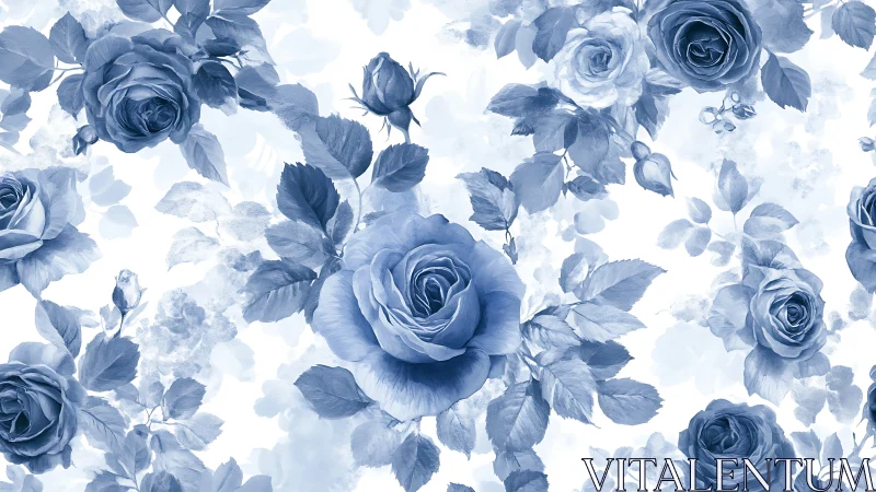 Blue roses with foliage rendered in muted tones