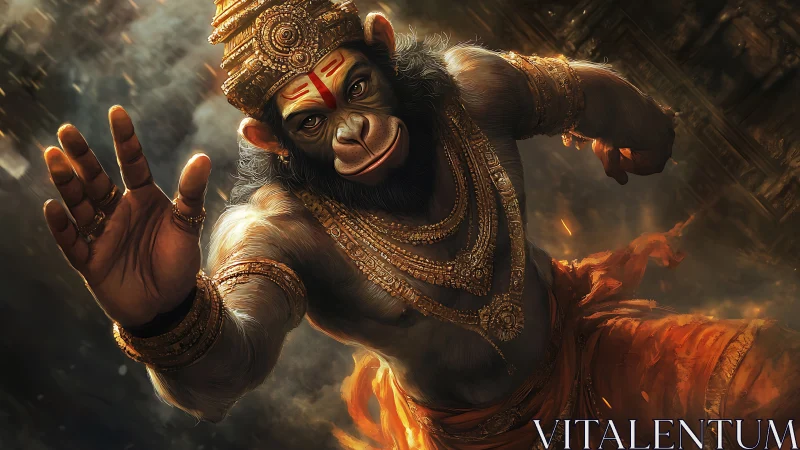 Divine simian warrior surges through swirling golden embers.