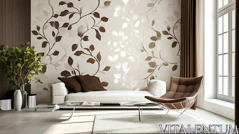 Modern living room with leaf-pattern wall and neutral seating.