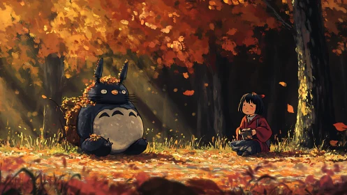 Autumn forest rendezvous with stylized creature and child duo.