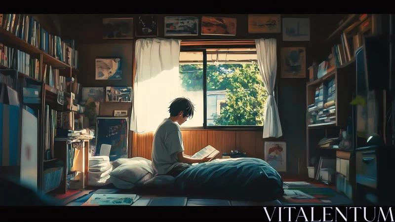 Person reads on floor mattress in small book-filled room