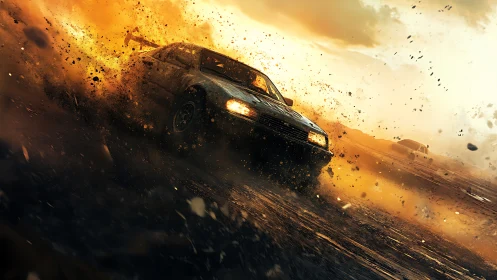 Rally car skidding through dirt under strong sunset light.