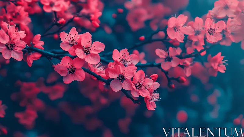 Pink Blossoms Against Teal Backdrop.