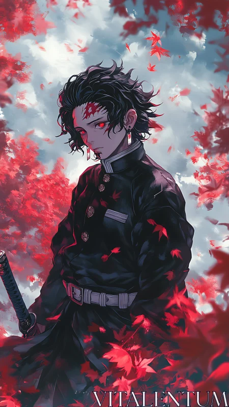 Scarlet-eyed swordsman adrift in a storm of autumn fire.