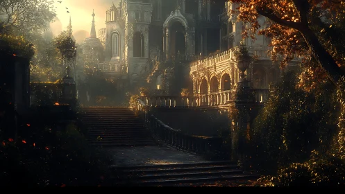 Golden dusk softens an abandoned fantasy palace in the trees