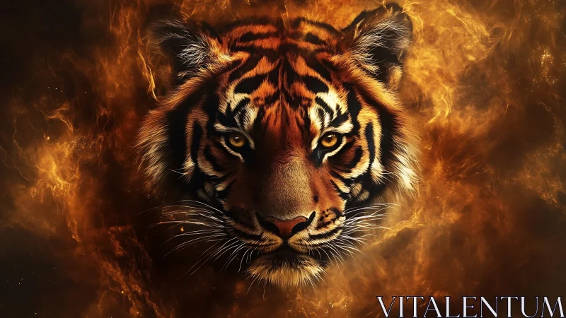 Tiger face emerges from molten firestorm in blazing focus.