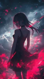 Silhouetted girl amid crimson embers in stormlit sky.