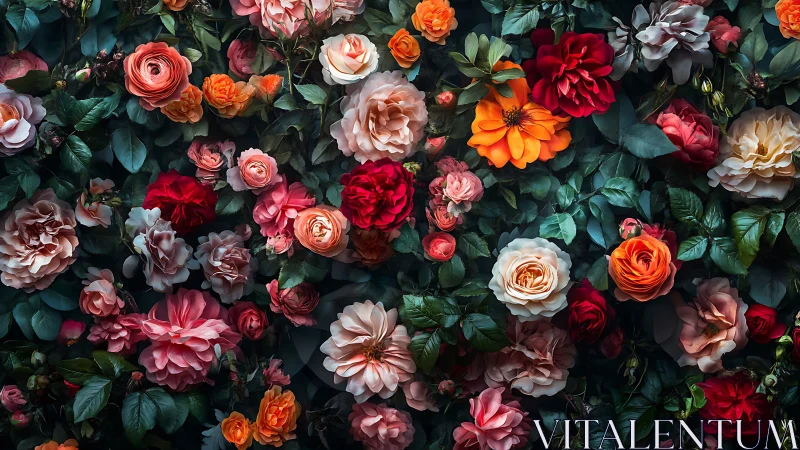 Botanical composition displaying densely arranged flowering specimens with varied chromatic values.