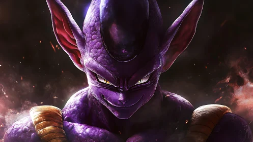 Brooding violet alien warlord crowned in ember-lit menace.